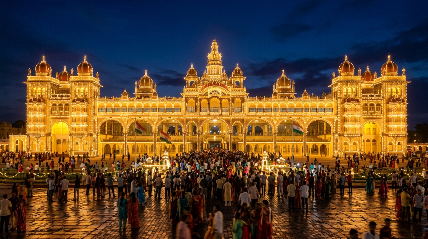 Illuminated Mysore Palace during Dasara festival
